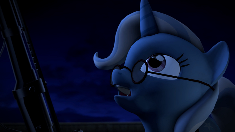 Size: 1280x720 | Tagged: safe, artist:argodaemon, derpibooru import, screencap, trixie, pony, unicorn, 3d, crossover, female, glasses, gun, hellsing, hellsing ultimate abridged, looking up, mare, musket, night, rip van winkle, solo, weapon