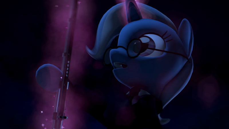 Size: 1280x720 | Tagged: safe, artist:argodaemon, derpibooru import, screencap, trixie, pony, unicorn, 3d, clothes, crossover, female, glasses, gun, hellsing, hellsing ultimate abridged, levitation, magic, mare, musket, night, rip van winkle, solo, telekinesis, weapon