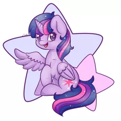 Size: 1024x1024 | Tagged: safe, artist:sellyluvsart, derpibooru import, twilight sparkle, twilight sparkle (alicorn), alicorn, pony, chibi, cute, female, looking at you, mare, open mouth, simple background, sitting, smiling, solo, spread wings, stars, twiabetes, watermark, white background
