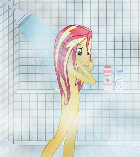 Size: 845x950 | Tagged: questionable, artist:bootsyslickmane, derpibooru import, sunset shimmer, equestria girls, easter egg, female, nudity, shampoo, shower, showering, solo, solo female, steam, water, wet, wet hair