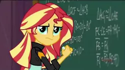 Size: 1280x720 | Tagged: safe, derpibooru import, sunset shimmer, equestria girls, friendship games, chalkboard, discovery family logo, frown, geometry, glare, looking at you, math, solo, unamused