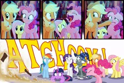 Size: 1024x682 | Tagged: safe, artist:light262, derpibooru import, edit, applejack, fluttershy, pinkie pie, rainbow dash, rarity, star swirl the bearded, twilight sparkle, twilight sparkle (alicorn), alicorn, pony, comic:timey wimey, book, comic, dust, female, fetish, mare, nostril flare, pre sneeze, sneeze cloud, sneeze spray, sneezing, sneezing fetish