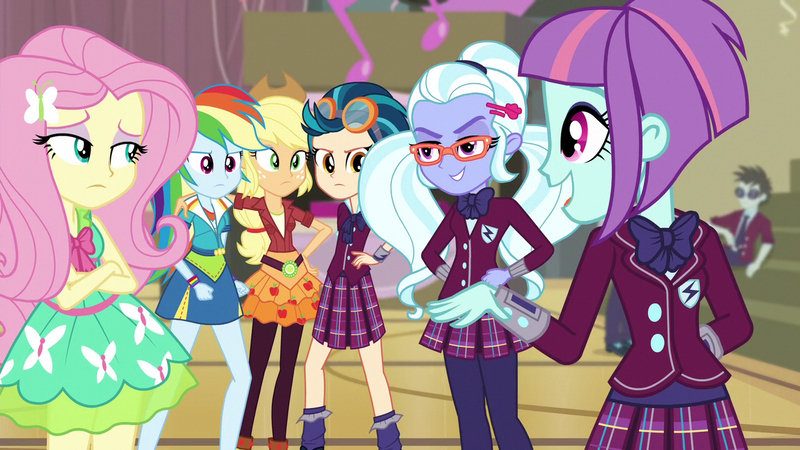 Size: 1280x720 | Tagged: safe, derpibooru import, screencap, applejack, fluttershy, indigo zap, neon lights, rainbow dash, rising star, sugarcoat, sunny flare, equestria girls, friendship games, clothes, crystal prep academy uniform, dress, leggings, pantyhose, pleated skirt, school uniform, skirt, socks