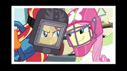 Size: 1280x720 | Tagged: safe, derpibooru import, screencap, fluttershy, sunset shimmer, equestria girls, friendship games, dreamworks face, end credits, helmet, right there in front of me, sunset welder