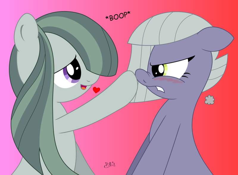 Size: 1024x752 | Tagged: safe, artist:an-tonio, artist:midnightblitzz, color edit, derpibooru import, edit, limestone pie, marble pie, pony, blushing, boop, colored, cute, female, gradient background, heart, limabetes, looking at each other, marblebetes, mare, open mouth, pie sisters, sisters, vector