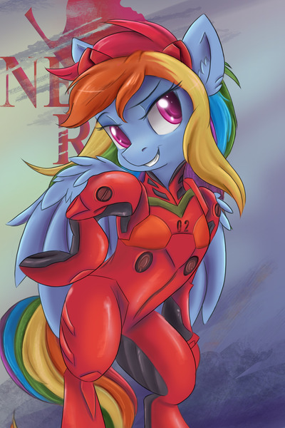 Size: 3750x5625 | Tagged: safe, artist:ardail, derpibooru import, rainbow dash, pegasus, pony, semi-anthro, abstract background, absurd resolution, bipedal, clothes, cosplay, costume, crossover, ear fluff, female, mare, neon genesis evangelion, plugsuit, solo, souryuu asuka langley, underhoof