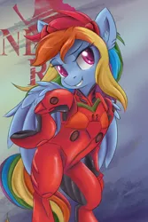 Size: 3750x5625 | Tagged: safe, artist:ardail, derpibooru import, rainbow dash, pegasus, pony, semi-anthro, abstract background, absurd resolution, bipedal, clothes, cosplay, costume, crossover, ear fluff, female, mare, neon genesis evangelion, plugsuit, solo, souryuu asuka langley, underhoof