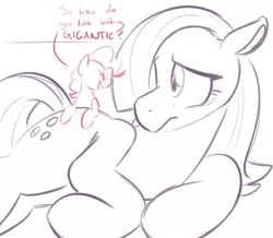 Size: 804x700 | Tagged: safe, artist:goat train, deleted from derpibooru, derpibooru import, marble pie, pinkie pie, pony, dialogue, floppy ears, frown, giant pony, giantess, hair over one eye, macro, nervous, pie sisters, pie twins, size difference, sketch, twins