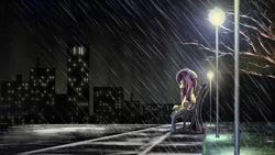 Size: 4800x2700 | Tagged: safe, artist:flamevulture17, derpibooru import, fluttershy, pegasus, pony, absurd resolution, bench, building, city, female, floppy ears, lamppost, lidded eyes, looking down, mare, night, rain, road, sad, scenery, sidewalk, sitting, sky, solo, street, streetlight, tree, wet, wet mane