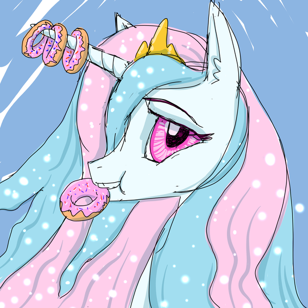 Size: 1300x1300 | Tagged: artist:kovoranu, cake, cakelestia, derpibooru import, donut, donutlestia, food, horn, horn grab, horn impalement, portrait, princess celestia, safe, simple background, solo, the uses of unicorn horns