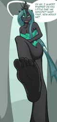 Size: 1893x4000 | Tagged: suggestive, artist:jj-psychotic, derpibooru import, queen chrysalis, anthro, plantigrade anthro, absurd resolution, barefoot, clothes, commission, crush fetish, crushing, feet, female, foot fetish, giant changeling, giant pony, image, jpeg, looking at you, macro, macro/micro, micro, offscreen character, one-piece swimsuit, pov, size difference, speech bubble, stomp, strategically covered, swimsuit, talking, text