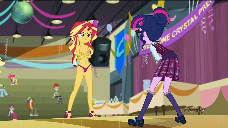 Size: 1280x720 | Tagged: questionable, artist:dirty mike, derpibooru import, edit, edited edit, edited screencap, editor:slayerbvc, screencap, sci-twi, sunset shimmer, twilight sparkle, equestria girls, friendship games, breast edit, breasts, casual nudity, clothes, female, nipples, nude edit, nudity, panties, partial nudity, partial nudity edit, topless, underwear, underwear edit