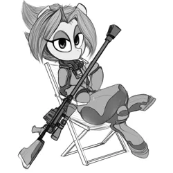 Size: 1000x1000 | Tagged: safe, artist:whydomenhavenipples, derpibooru import, oc, oc:sniperchan, ponified, unofficial characters only, earth pony, pony, anti-materiel rifle, armor, black and white, cigarette, female, grayscale, gun, hooves, looking at you, mare, monochrome, optical sight, rifle, simple background, sitting, smoking, sniper rifle, solo, weapon, white background