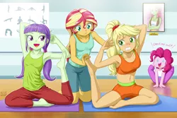 Size: 1350x900 | Tagged: safe, artist:uotapo, derpibooru import, applejack, pinkie pie, starlight, sunset shimmer, tree hugger, equestria girls, armpits, barefoot, belly button, clothes, colored pupils, contortionist, cute, dialogue, feet, female, flexible, hilarious in hindsight, knot position, midriff, open mouth, pad, pinkie being pinkie, quartet, shorts, sports bra, struggling, sunset helper, tanktop, yoga, yoga mat, yoga pants