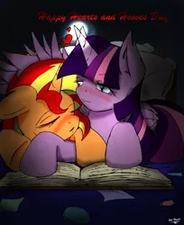 Size: 2438x2989 | Tagged: safe, artist:shard-of-life, derpibooru import, sunset shimmer, twilight sparkle, twilight sparkle (alicorn), alicorn, pony, bed, blushing, book, cuddling, female, glowing horn, heart, hearts and hooves day, lesbian, mare, shipping, sleeping, snuggling, sunsetsparkle