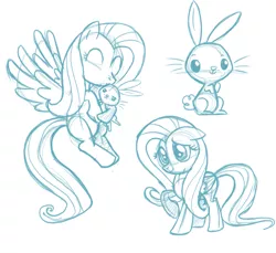 Size: 1059x969 | Tagged: safe, artist:nickdallas, derpibooru import, angel bunny, fluttershy, hug, monochrome, sketch