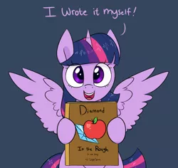 Size: 1800x1700 | Tagged: safe, artist:notenoughapples, derpibooru import, applejack, rarity, twilight sparkle, twilight sparkle (alicorn), alicorn, pony, fanfic, friendship is witchcraft, adorkable, book, cute, dialogue, dork, female, hoof hold, implied rarijack, lesbian, looking at you, mare, open mouth, rarijack, shipper on deck, shipping, simple background, smiling, solo, spread wings, twiabetes, twilight loves fanfiction, twilight the shipper, wingboner