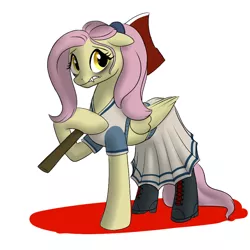 Size: 900x900 | Tagged: safe, artist:hudoyjnik, derpibooru import, fluttershy, bat pony, pony, vampire, axe, boots, clothes, crossover, flutterbat, malkavian, simple background, solo, vampire the masquerade, world of darkness