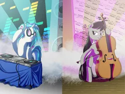 Size: 1280x960 | Tagged: safe, artist:princrim, derpibooru import, octavia melody, vinyl scratch, earth pony, pony, unicorn, bipedal, cello, diptych, headphones, musical instrument, shadow, sheet music, speakers, turntable