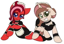 Size: 1262x876 | Tagged: safe, artist:k-kopp, derpibooru import, oc, oc:adena emberheart, oc:amber heartcake, unofficial characters only, pony, unicorn, clothes, cosplay, costume, maid, pose