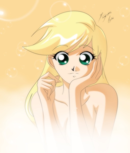 Size: 3543x4169 | Tagged: applejack, artist:shinta-girl, breasts, busty applejack, derpibooru import, female, human, humanized, implied nudity, solo, spa, steam, suggestive