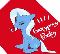 Size: 1245x1133 | Tagged: safe, artist:30clock, derpibooru import, trixie, pony, unicorn, blushing, female, food, mare, mouth hold, one eye closed, pocky, pocky day, sitting, solo