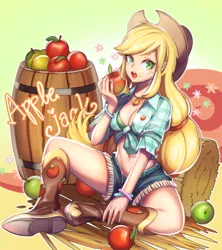 Size: 800x900 | Tagged: abs, adorasexy, apple, applejack, artist:fu-mi.a, belly button, breasts, cleavage, clothes, cute, daisy dukes, derpibooru import, female, food, freckles, front knot midriff, human, humanized, jackabetes, midriff, pixiv, sexy, shorts, solo, solo female, stupid sexy applejack, suggestive