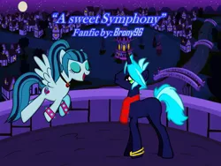 Size: 960x720 | Tagged: safe, derpibooru import, sonata dusk, oc, oc:drawn midnight, fanfic:a sweet symphony, pony creator, canon x oc, fanfic art, fanfic cover, shipping, vector