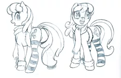 Size: 872x566 | Tagged: artist:brianblackberry, bottomless, cheerilee, clothes, derpibooru import, dock, flowerbutt, jacket, monochrome, partial nudity, plot, safe, scarf, sketch, socks, solo, striped socks