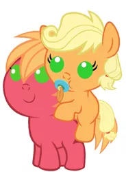 Size: 786x1067 | Tagged: safe, artist:red4567, derpibooru import, applejack, big macintosh, pony, baby, baby macintosh, baby pony, babyjack, brother and sister, cute, foal, hatless, jackabetes, macabetes, missing accessory, pacifier, ponies riding ponies, recolor, red4567 is trying to murder us, riding, simple background, weapons-grade cute, younger
