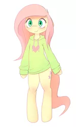 Size: 1200x2000 | Tagged: safe, artist:apony, derpibooru import, fluttershy, pony, semi-anthro, bipedal, clothes, floppy ears, hoodie, simple background, solo, white background