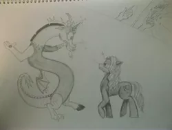 Size: 4288x3216 | Tagged: safe, artist:scribblepwn3, derpibooru import, discord, oc, oc:midnight scribbler, pony, unicorn, chaos magic, comic, goggles, magic trick, monochrome, traditional art