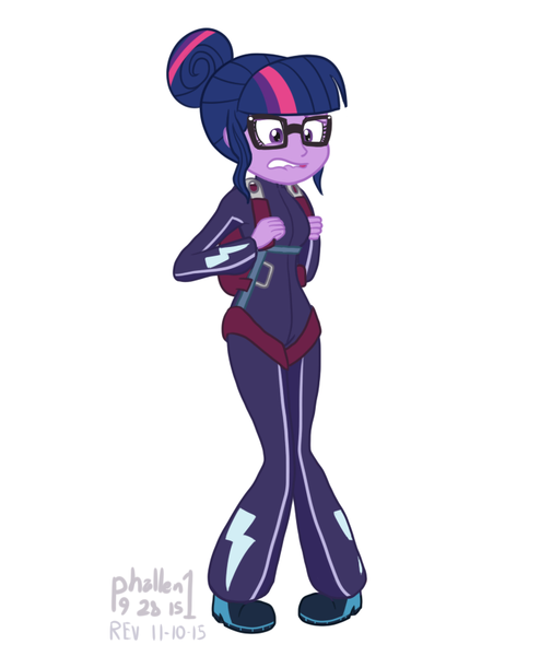 Size: 698x847 | Tagged: safe, alternate version, artist:phallen1, derpibooru import, sci-twi, twilight sparkle, equestria girls, friendship games, clothes, fear, glasses, jumpsuit, parachute, solo