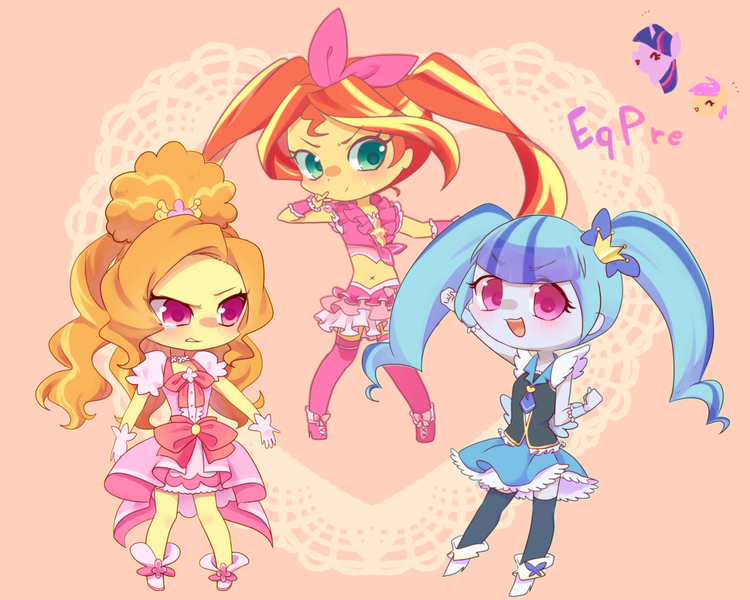 Size: 1280x1024 | Tagged: safe, artist:kkmrarar, derpibooru import, adagio dazzle, scootaloo, sonata dusk, sunset shimmer, twilight sparkle, equestria girls, ami koshimizu, chibi, cure flora, cure melody, cure princess, go! princess precure, happiness charge precure, japanese, magical sunset-chan, megumi han, precure, suite precure, voice actor joke, what could possibly go wrong, yu shimamura