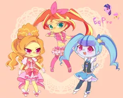 Size: 1280x1024 | Tagged: safe, artist:kkmrarar, derpibooru import, adagio dazzle, scootaloo, sonata dusk, sunset shimmer, twilight sparkle, equestria girls, ami koshimizu, chibi, cure flora, cure melody, cure princess, go! princess precure, happiness charge precure, japanese, magical sunset-chan, megumi han, precure, suite precure, voice actor joke, what could possibly go wrong, yu shimamura