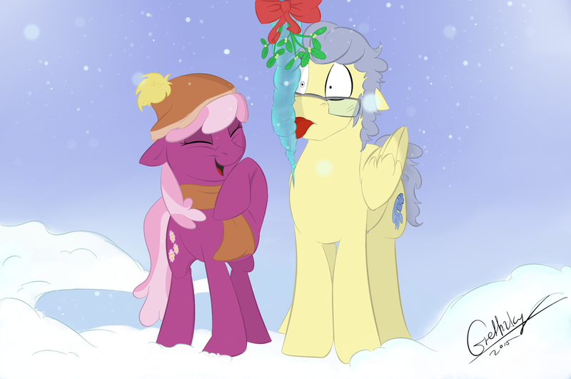 Size: 1024x680 | Tagged: safe, artist:rutkotka, derpibooru import, cheerilee, oc, oc:whispering wind, beanie, canon x oc, cheeriwind, clothes, eyes closed, female, glasses, hat, male, mistletoe, scarf, shipping, snow, snowfall, story included, straight, tongue out