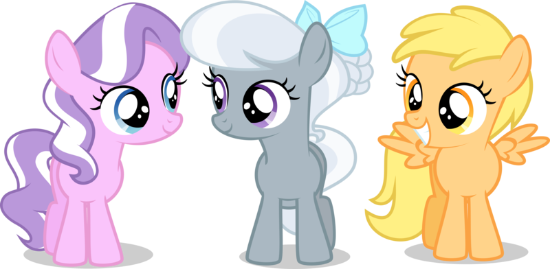 Size: 4500x2206 | Tagged: absurd resolution, alternate universe, alternate version, artist:xebck, bowtie, cutie mark crusaders, derpibooru import, diamond tiara, group, looking at each other, mango dash, safe, silver spoon, simple background, smiling, transparent background, trio, vector