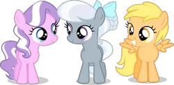 Size: 4500x2206 | Tagged: absurd resolution, alternate universe, alternate version, artist:xebck, bowtie, cutie mark crusaders, derpibooru import, diamond tiara, group, looking at each other, mango dash, safe, silver spoon, simple background, smiling, transparent background, trio, vector