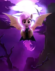 Size: 1518x1960 | Tagged: safe, artist:scootiebloom, derpibooru import, fluttershy, bat pony, pony, scare master, clothes, costume, flutterbat, flying, moon, nightmare night costume, solo