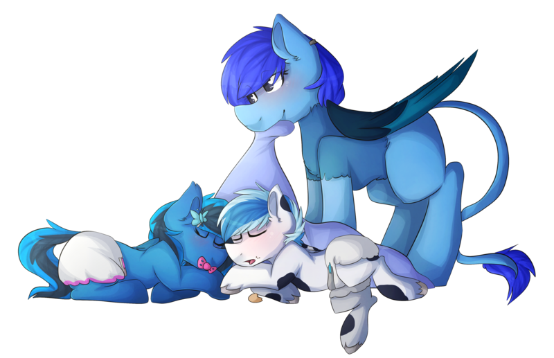 Size: 3541x2287 | Tagged: questionable, artist:oddends, derpibooru import, oc, oc:midnight shadows, oc:rainy sky tainy, oc:snow blitz, unofficial characters only, hippogriff, pegasus, pony, blanket, cute, diaper, diaper fetish, earring, midblitz, pacifier, piercing, sleeping