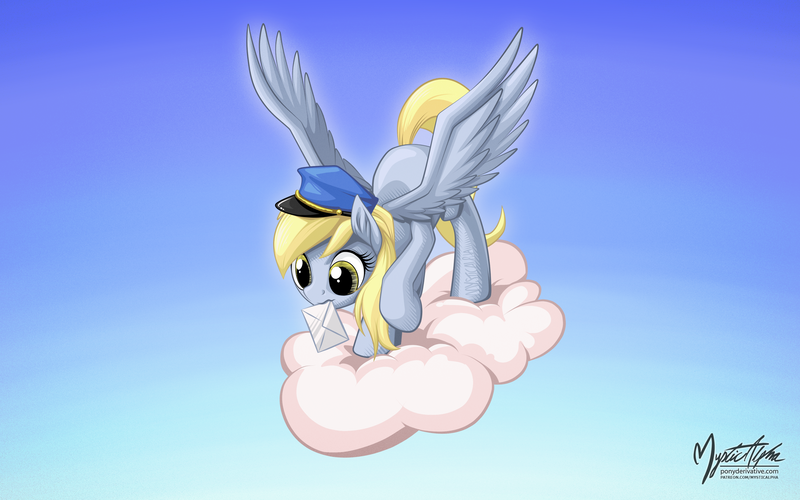 Size: 2560x1600 | Tagged: safe, artist:mysticalpha, derpibooru import, derpy hooves, pegasus, pony, cloud, female, hat, mail, mailmare, mare, mouth hold, raised hoof, solo, spread wings