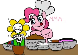 Size: 2200x1544 | Tagged: safe, artist:saintheartwing, derpibooru import, pinkie pie, crossover, flowey, food, frosting, herbivore, ice cream, imminent vore, licking, licking lips, sprinkles, tongue out, undertale, whipped cream