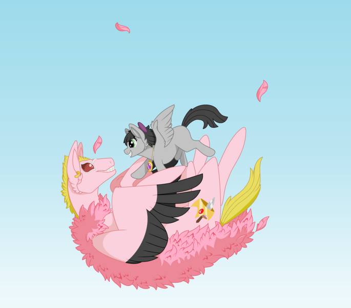 Size: 3992x3496 | Tagged: artist:abariacloud, crossover, derpibooru import, donquixote doflamingo, duo, falling, freefall, gradient background, looking at each other, oc, oc:noemi, one piece, ponified, safe, sky, smiling, spread wings