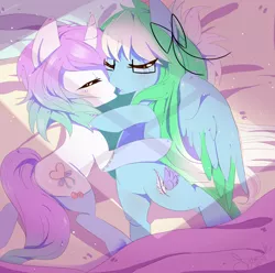 Size: 1667x1653 | Tagged: safe, artist:sorasku, derpibooru import, oc, oc:amaranthine sky, oc:reverie, unofficial characters only, pegasus, pony, unicorn, bed, clothes, cute, female, glasses, kissing, lesbian, oc x oc, romance, shipping, socks