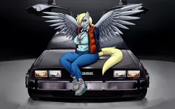 Size: 1280x800 | Tagged: anthro, artist:amaraburrger, back to the future, back to the future part 2, breasts, busty derpy hooves, cleavage, clothes, cosplay, costume, delorean, derpibooru import, derpy hooves, female, looking at you, safe, solo, spread wings