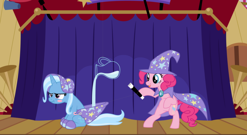 Size: 11000x6000 | Tagged: questionable, artist:evilfrenzy, derpibooru import, pinkie pie, trixie, pony, unicorn, absurd resolution, bonnet, booties, cape, clothes, diaper, diaper fetish, female, hat, humiliation, mare, scrunchy face, trixie's cape, trixie's hat, wand, water, wet diaper