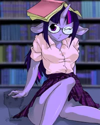 Size: 864x1080 | Tagged: anthro, artist:psychoseby, blouse, book, book hat, clothes, crossed legs, derpibooru import, floppy ears, glasses, library, pleated skirt, pony coloring, safe, skirt, solo, twilight sparkle, watermark, wince