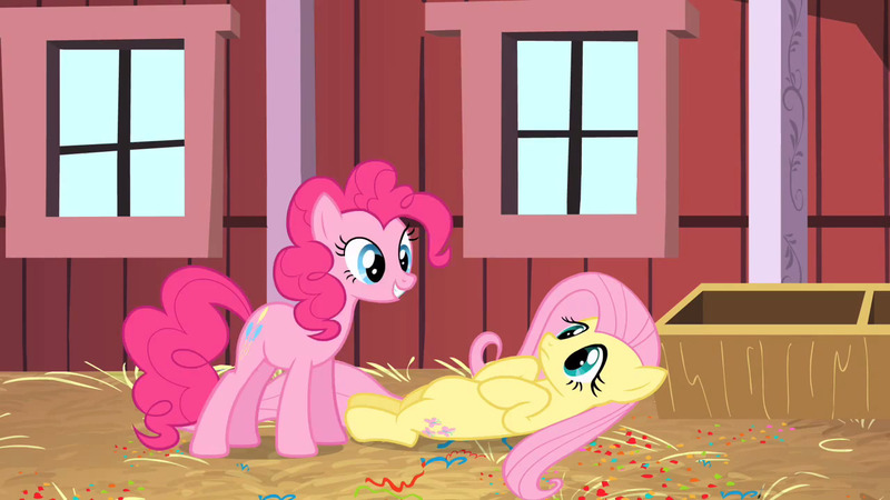 Size: 1280x720 | Tagged: barn, belly, cute, derpibooru import, eye contact, fluttershy, frown, grin, hay, on back, out of context, pinkie pie, safe, screencap, smiling, surprise party, sweet apple acres, the last roundup
