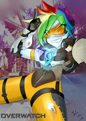 Size: 2893x4092 | Tagged: safe, artist:inkerbeat, artist:noisyvox, artist:thearcano13, derpibooru import, rainbow dash, equestria girls, crossover, eye clipping through hair, goggles, overwatch, rainbow tracer, solo, tracer