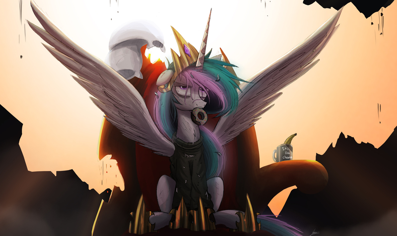 Size: 2500x1489 | Tagged: artist:ncmares, ask majesty incarnate, badass, banana, clothes, coffee cup, cup, derpibooru import, donut, epic, food, lorde, mouth hold, parody, pillow, princess celestia, safe, sitting, solo, spread wings, team, throne, torn clothes
